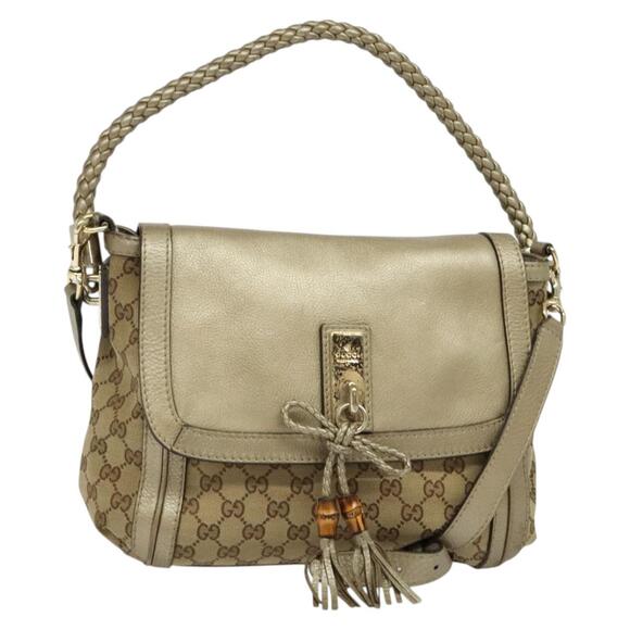 GUCCI GG Canvas Bamboo Shoulder Bag Beige Gold - Picture 1 of 16